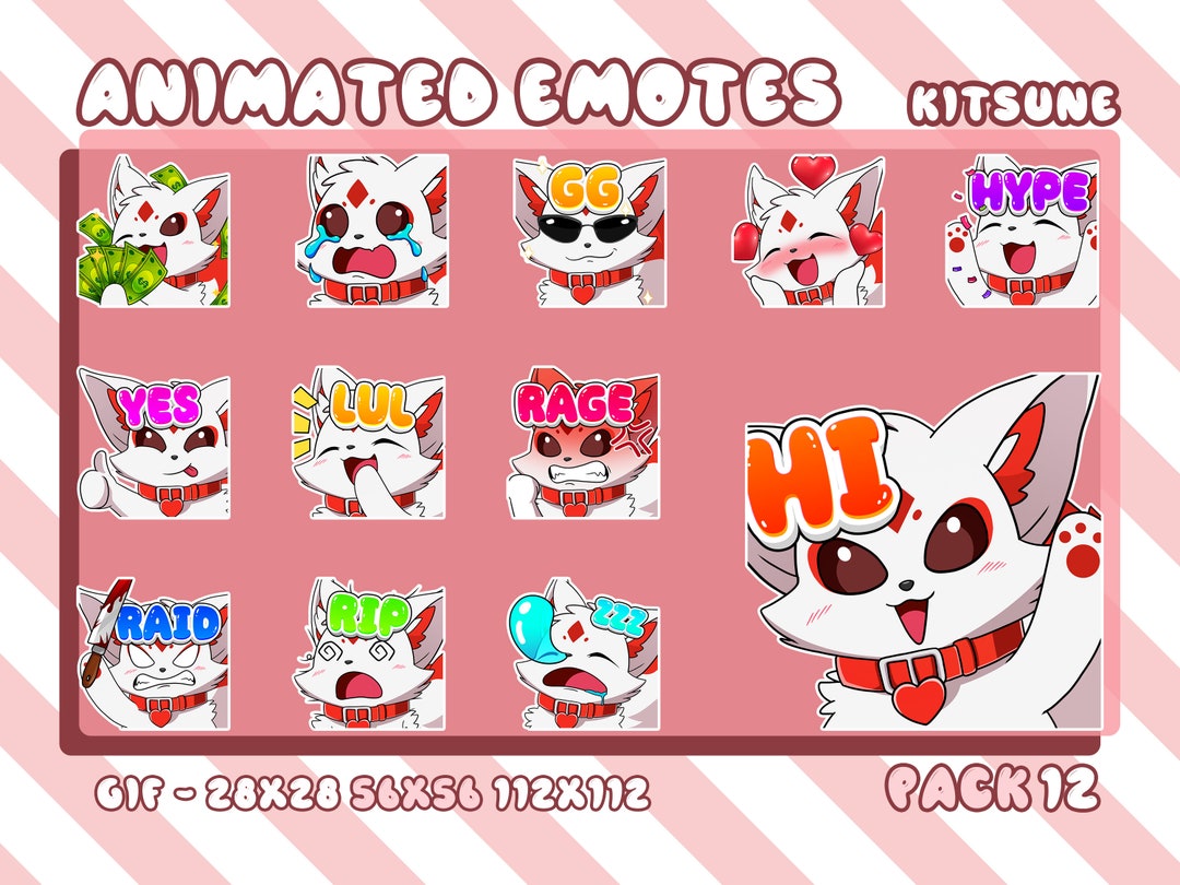 Kitsune Twitch Animated Emotes, 12 Twitch Animated Emotes for Streamer, Youtube Discord Emotes