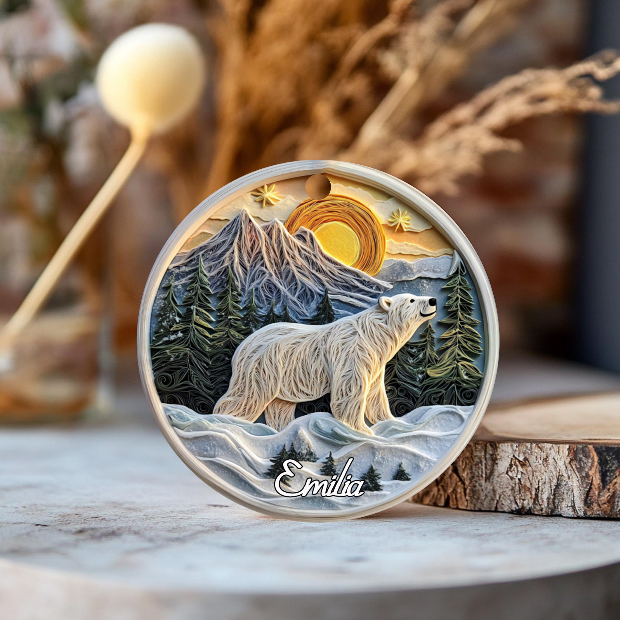 白クマのクリスマスオーナメント：冬の森の動物の陶器製オーナメント