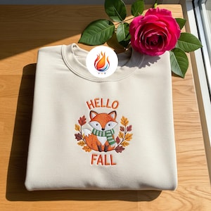 Sudadera con zorro otoñal bordado, camiseta de otoño, acogedora camiseta retro con animales otoñales, bonito regalo de bosque para ella, cuello redondo de zorro para otoño
