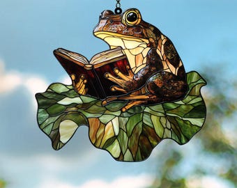 Frog Reading Book Acrylic Window Hanging: Lotus Leaf Decor