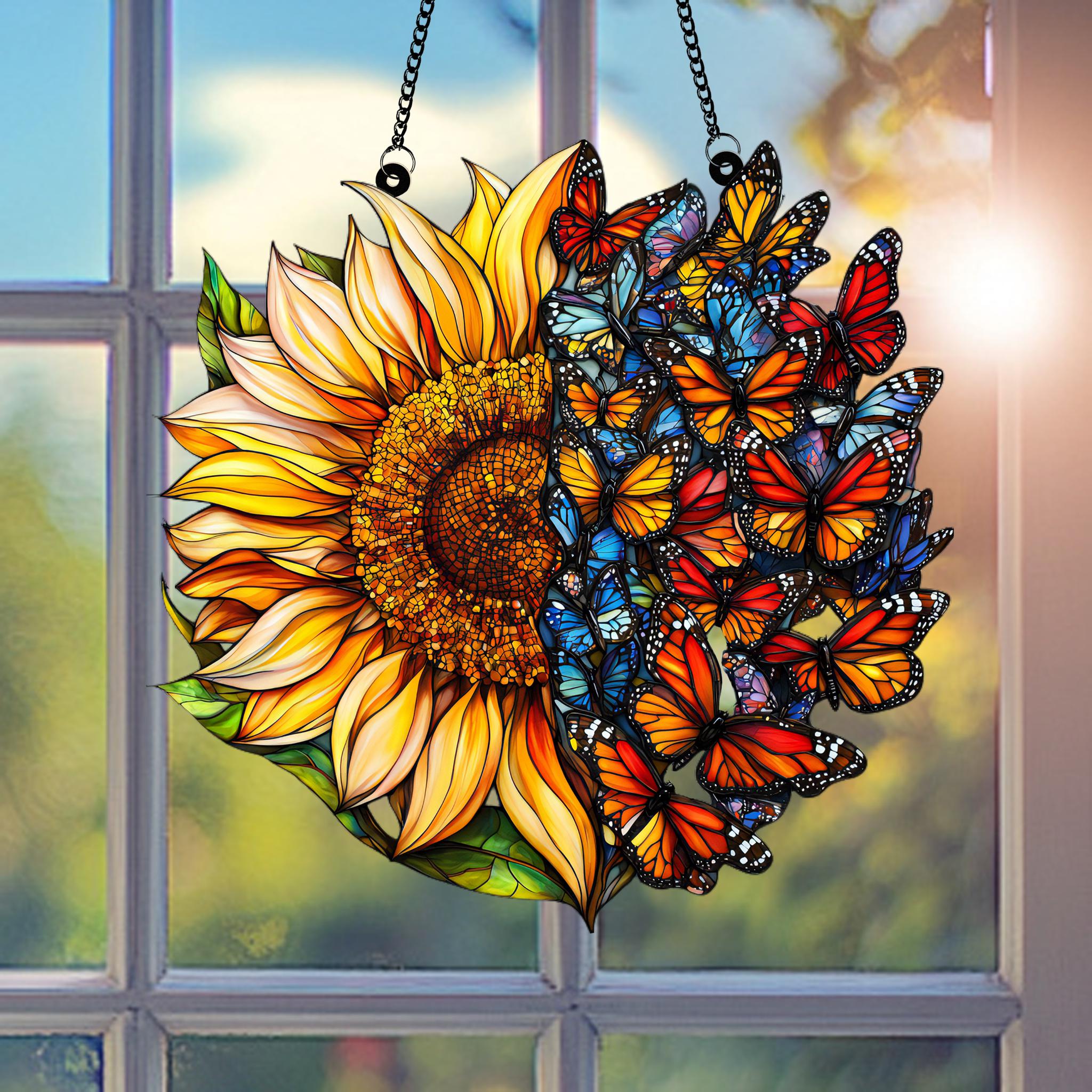 HOTIYOK Sonnenblumen & Schmetterling Acryl-Fensterbehang – Buntglas-Optik, Mit Ketten & Saugnäpfen