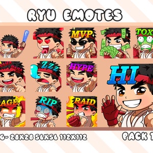 Street Fighter Ryu Twitch Static Emotes Pack, Twitch Street Fighter Ryu Emotes Pack For Streamer, Youtuber, Hype, Hi Ryu Emoji Bundle Emotes