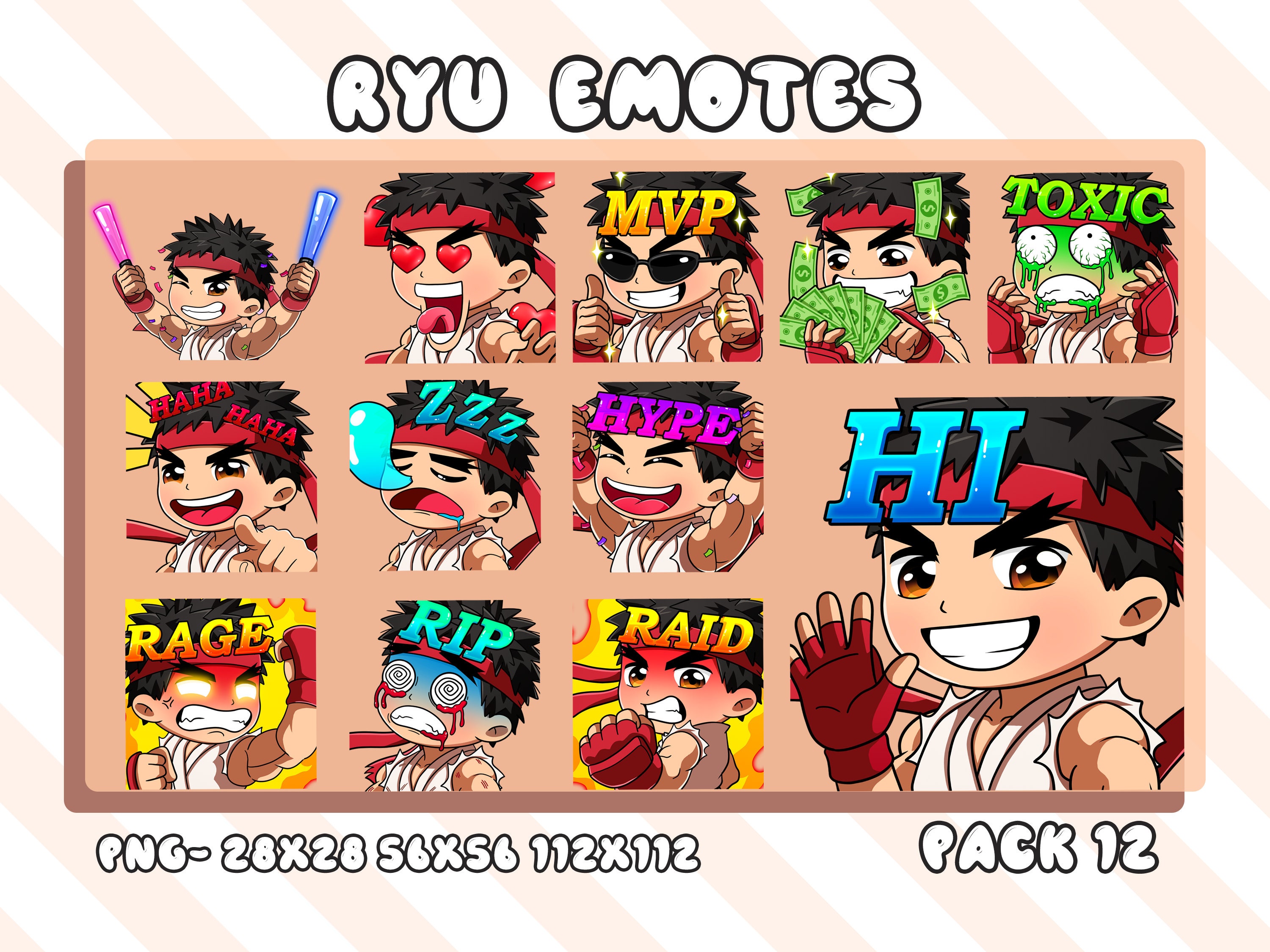 12 Ryu from Street Fighter Emotes for Twitch Streamers, Discord,  -  Cute - Anime - Chibi - Emote Bundle - Emote Pack