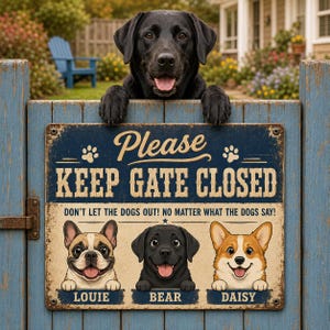 May include: A rectangular metal sign with a blue and cream background featuring the text Please KEEP GATE CLOSED and DON'T LET THE DOGS OUT! NO MATTER WHAT THE DOGS SAY! It displays illustrations of three dogs named Louie, Bear, and Daisy.