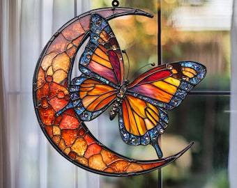Butterfly on Moon Acrylic Window Hanging: Butterfly Lover Gift