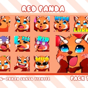 Paquete de 12 emoticones estáticos de Red Panda para Twitch, paquete de emoticones de Red Panda para Twitch para streamers, YouTubers, paquete de emojis de Red Panda, emoticones de gamer