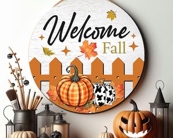 Welcome Fall Wooden Door Hanger: Pumpkin & Autumn Decor