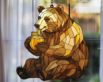 Adorno de ventana acrílico con diseño de oso y miel: adorno de bosque