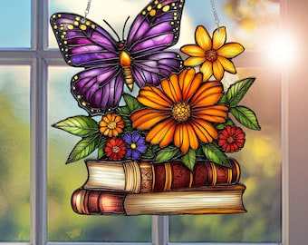 Butterfly Floral Acrylic Window Hanging: Book Lover Home Decor