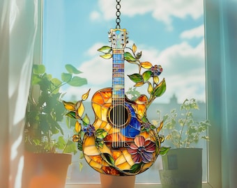 Guitar and Flower Acrylic Window Ornament: Music Lover Gift