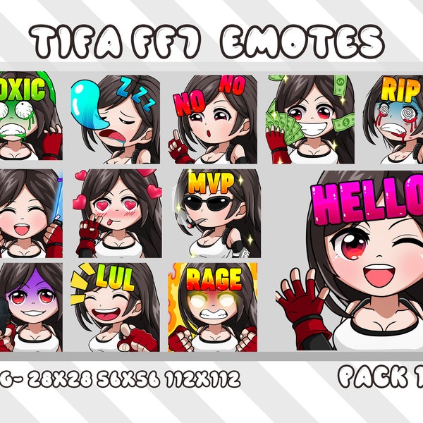 Final Fantasy 7 Tifa Lockhart Twitch Static Emotes Pack, Twitch Tifa Emotes Pack para Streamer, Youtuber, MVP, Gun Tifa Emoji Bundle Emotes