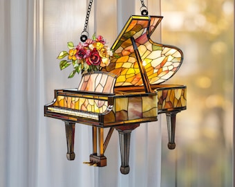 Piano & Flower Acrylic Window Ornament: Music Lover Decor