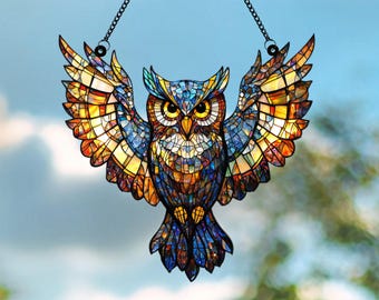 Attrape-soleil Hibou Hztyyier – 3 Hiboux Multicolores – Déco Vitrail 18x14 Cm – Pour Fenêtre, Jardin Ou Maison