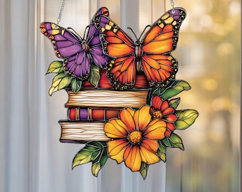Butterfly Floral Acrylic Window Ornament: Book Lover Home Decor
