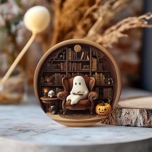 2D Spooky Ghost Reading Book Halloween Ornament, Ghost with Books in Library, Spooky Reading Book, 2D Printed Haunted Library Ornament