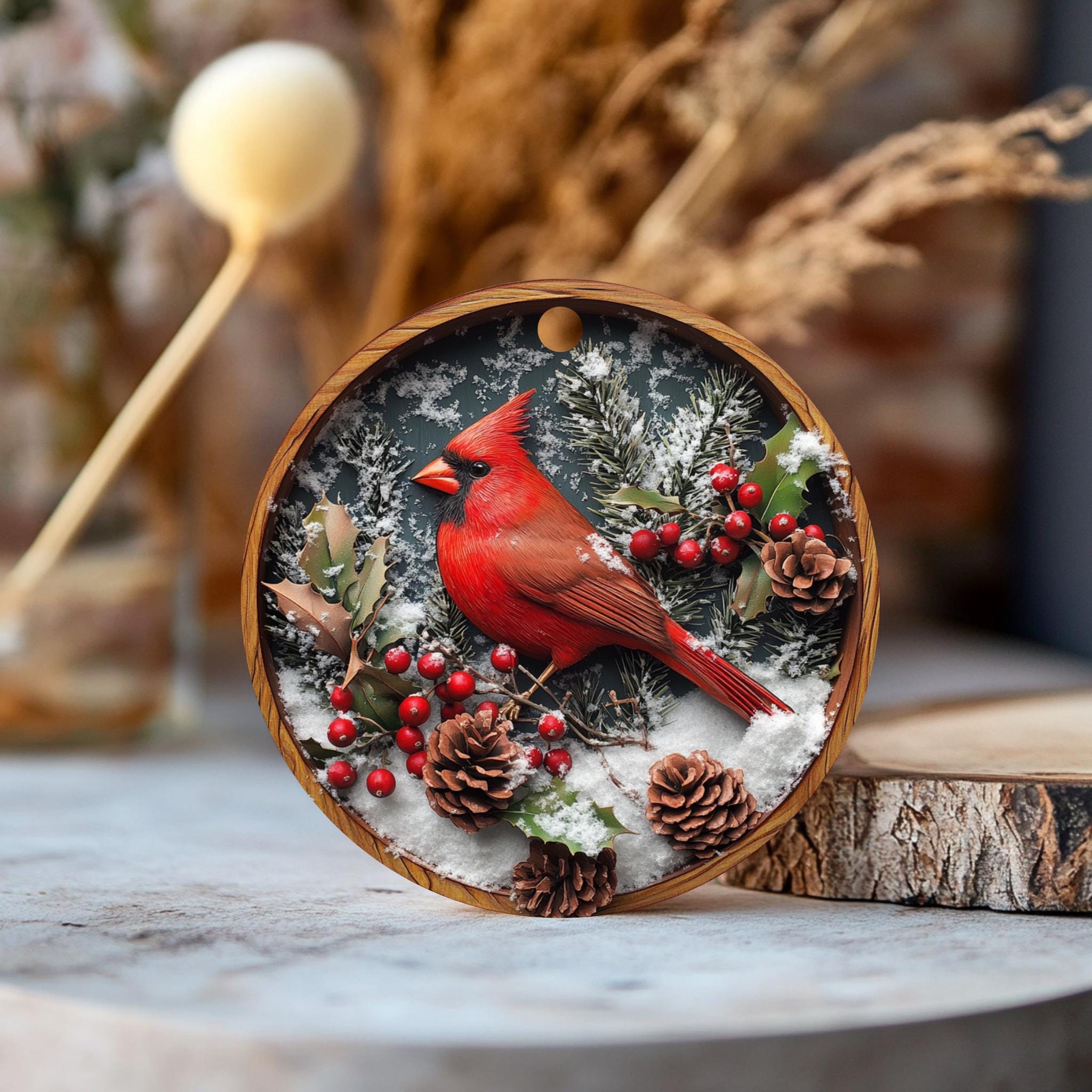 カーディナルクリスマスセラミックオーナメント：冬のワンダーランド