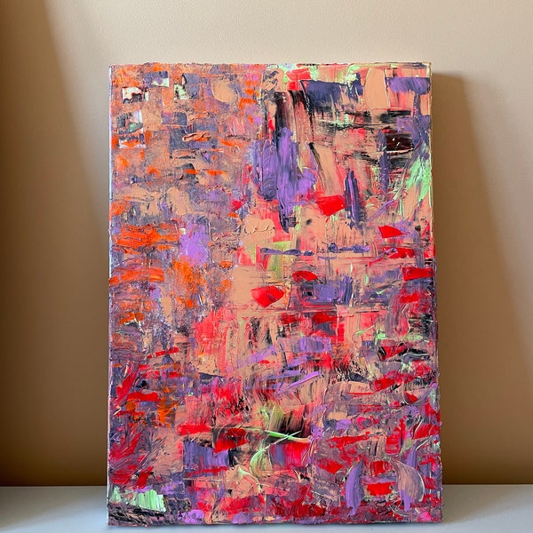 Peinture abstraite, art moderne, art contemporain, acrylique sur toile 80 cm x 50 cm, fait main, tableau, vert fluo saumon violet rose, abstrait