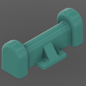 May include: A teal green plastic pipe with rounded ends and a flat base with four holes. The pipe has a rectangular shape with a raised section on the bottom.