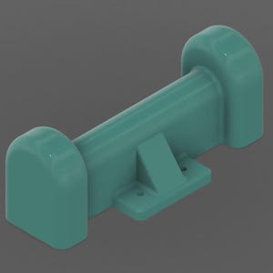 Könnte beinhalten: Ein türkis gefärbtes, 3D-gerendertes Objekt mit rechteckiger Basis, einem zentralen, abgewinkelten Träger und einem horizontalen Balken mit abgerundeten Enden. Das Objekt scheint ein Hardware-Bauteil oder ein Strukturelement zu sein.