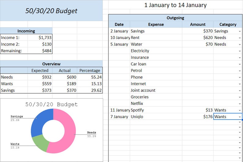SUPER Easy Budget 50/30/20 Template for Google Sheets, Autoformulas to ...