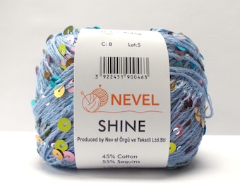 Nevel Shine Yarn 45% Cotton 55 Sequins 50g / 115m, 20 Colors, Knitting Crochet