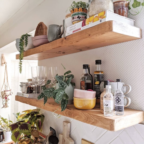 Modern Wood Floating Shelves, Custom Size Floating Shelves with Brackets, Wall Mounted Floating Shelf for Kitchen Bathrooom