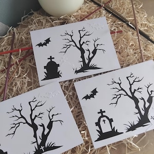 carte "  cimetière halloween "  en marqueterie de paille réalisée par mes soins straw marquetry death card