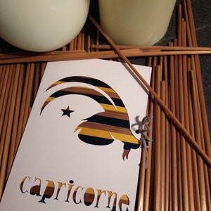 carte signe du zodiaque capricorne en marqueterie de paille réalisée par mes soins straw marquetry zodiac card format 11 x 15