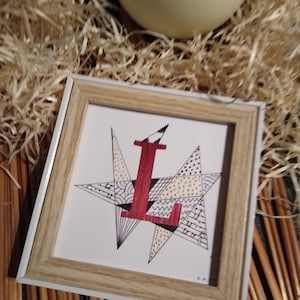 cadre abstrait lettre L en marqueterie de paille réalisée par mes soins straw marquetry card format 10 x 10