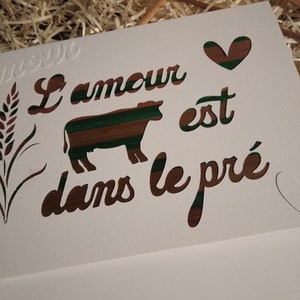 carte l'amour est dans le pré en marqueterie de paille réalisée par mes soins straw marquetry format 11 x 15