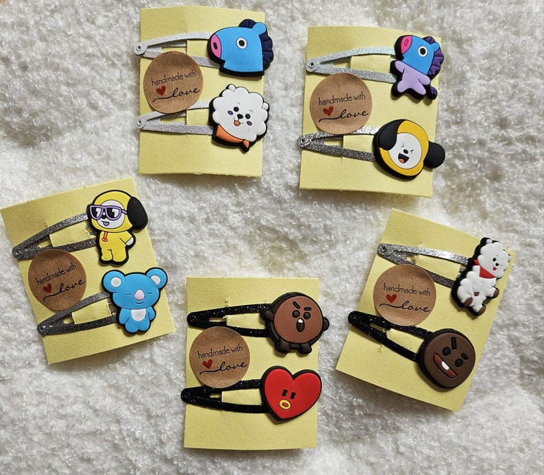 juegos de pinzas para el cabello BT21 hechos a mano, purpurina, varias versiones imagen 1