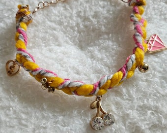 Elaborately handmade bracelet "Cherry Cherry Golden" made of cotton