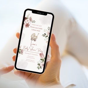 May include: A pink and white baby shower invitation with floral designs and a baby carriage. The invitation reads "Lina's Baby Shower Party" and includes the date, address, and contact information.