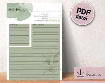 Recipe template for printing, DIN A4 recipe for printing, digital download recipe template, printable recipe template, recipe template in German
