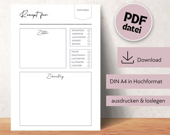 Recipe template for printing, recipe DIN A4 for printing, digital download recipe template, printable recipe template, recipe template German