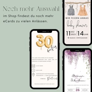May include: Three digital invitations for a 30th birthday party, a baby shower, and a wedding. The birthday invitation features a gold balloon number 30. The baby shower invitation features a light blue and pink baby outfit. The wedding invitation features a purple floral design.