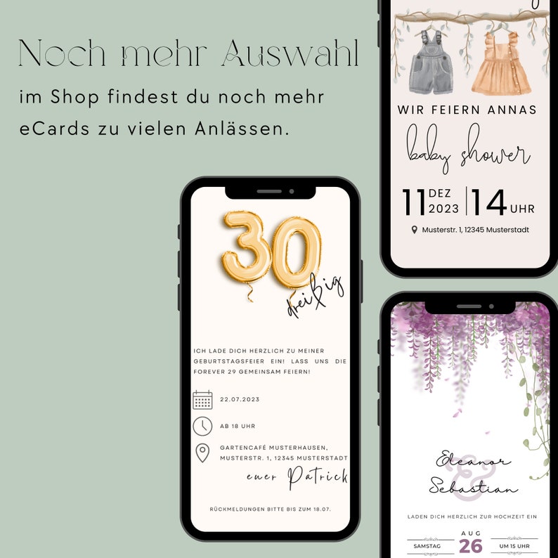 May include: Three digital invitations for a 30th birthday party, a baby shower, and a wedding. The birthday invitation features a gold balloon number 30. The baby shower invitation features a light blue and pink baby outfit. The wedding invitation features a purple floral design.