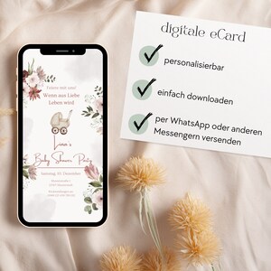 Invitation numérique de douche de bébé, douche de bébé eCards, carte d'invitation de douche de bébé, invitation via WhatsApp, invitation numérique de révélation de genre