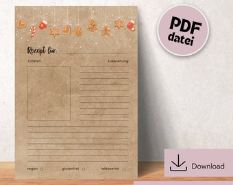 Christmas recipe template for printing, recipe DIN A4 for printing, digital download, printable recipe template, template in German