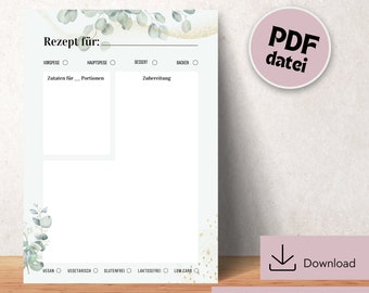 Recipe template for printing, recipe DIN A4 for printing, digital download recipe template, printable recipe template, recipe template German