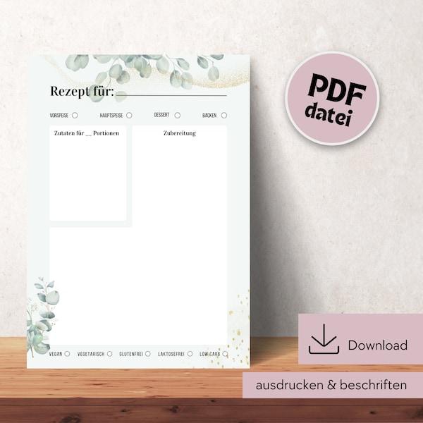 Recipe template for printing, recipe DIN A4 for printing, digital download recipe template, printable recipe template, recipe template in German