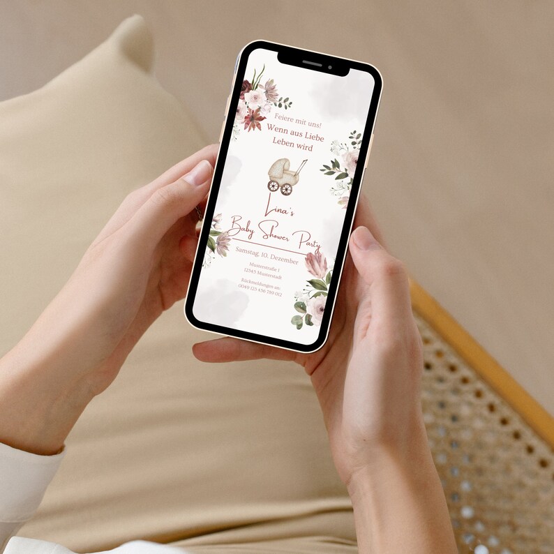 May include: A pink and white floral baby shower invitation on a smartphone screen. The invitation reads "Feiere mit uns! Wenn aus Liebe Leben wird" and "Lina's Baby Shower Party" with the date "Samstag, 10. Dezember".