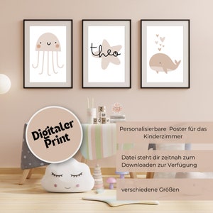 Quadri da parete per la cameretta dei bambini, set di quadri da parete con 3 creature marine, poster personalizzabili per la cameretta dei bambini, stampe per la cameretta dei bambini da stampare