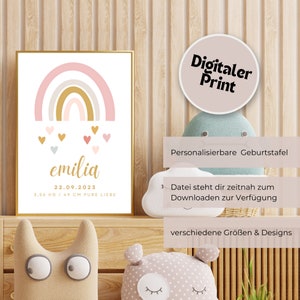 Arco iris de carta natal personalizable, cartel de carta natal, carta natal para imprimir, impresión de cartel de anuncio de nacimiento