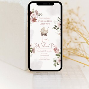May include: A digital invitation for a baby shower with a floral design. The invitation features a baby carriage, the text "Lina's Baby Shower Party", and the date and time of the event.