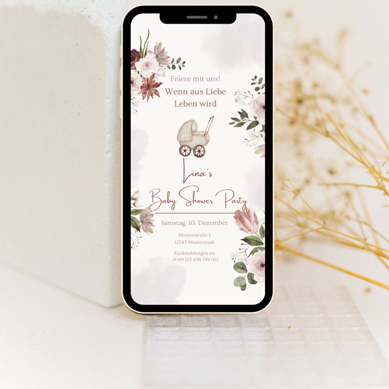 May include: A digital invitation for a baby shower with a floral design. The invitation features a baby carriage, the text "Lina's Baby Shower Party", and the date and time of the event.