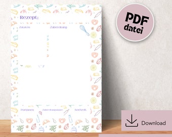 Recipe template for printing, recipe DIN A4 for printing, digital download recipe template, printable recipe template, recipe template German