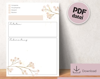 Recipe template for printing, recipe DIN A4 for printing, digital download recipe template, printable recipe template, recipe template German
