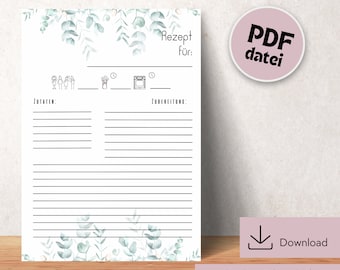 Recipe template for printing, recipe DIN A4 for printing, digital download recipe template, printable recipe template, recipe template in German