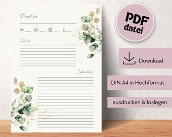 Plantilla de recetas para imprimir, receta DIN A4 para imprimir, plantilla de recetas para descargar digital, plantilla de recetas imprimible, plantilla de recetas en alemán